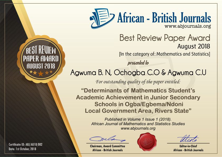 Determinants of Mathematics Student’s Academic Achievement in Junior Secondary Schools in Ogba Egbema Ndoni Local Government Area, Rivers State